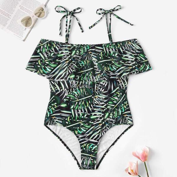 

Plus Tropical Tie Shoulder Flounce One Piece Swimsuit, Multicolor