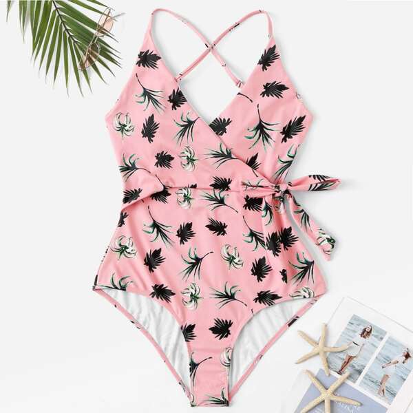

Plus Leaf Print Criss Cross One Piece Swim, Pink