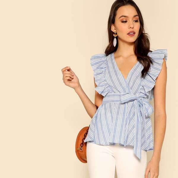 

Ruffle Trim Wrap Belted Striped Top, Blue