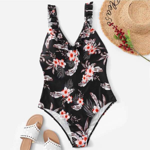

Plus Tropical Ruffle Low Back One Piece Swimsuit