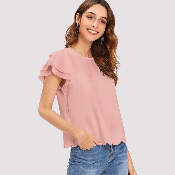 

Layered Ruffle Flutter Sleeve Scallop Trim Top