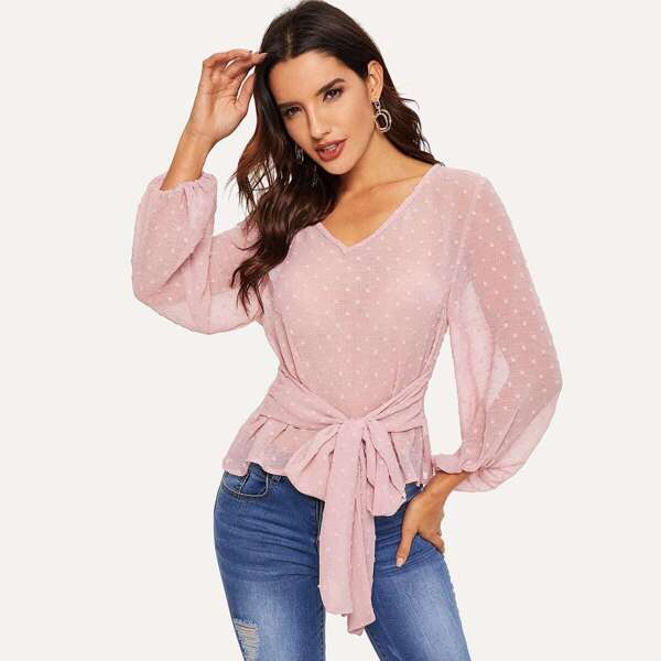 

Blouson Sleeve Self Tie Swiss Dot Top