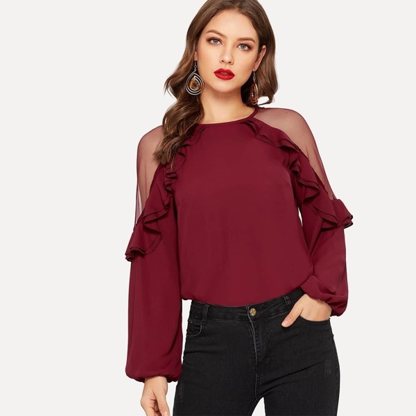 

Mesh Insert Blouson Sleeve Ruffle Top