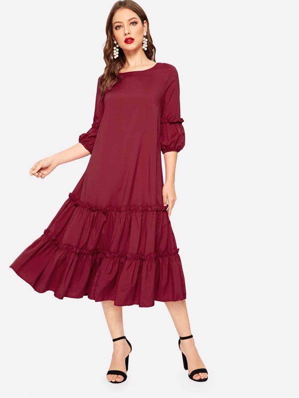 

Vertical Striped Frill Embellished Swing Dress, Burgundy, Debi Cruz