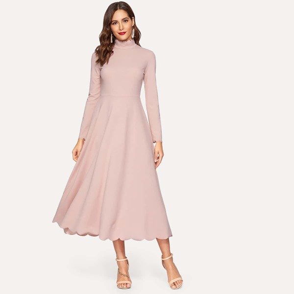 

Zip Back Scallop Trim Mock-neck Dress