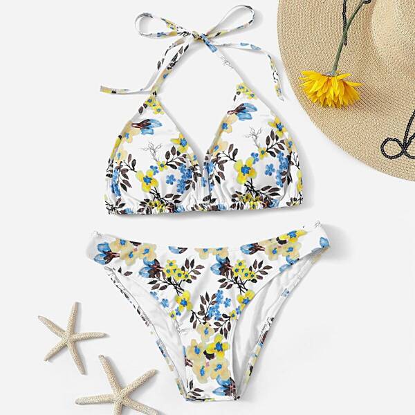 

Random Floral Halter Top With Panty Bikini, Multicolor
