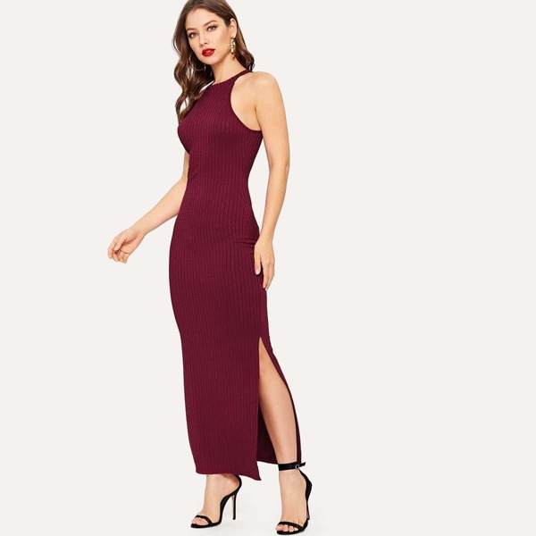 

Cutout Back Split Hem Halter Rib-knit Bodycon Dress