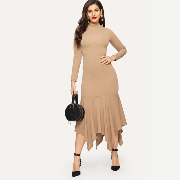 

Ruffle Hem Mock-neck Solid Dress
