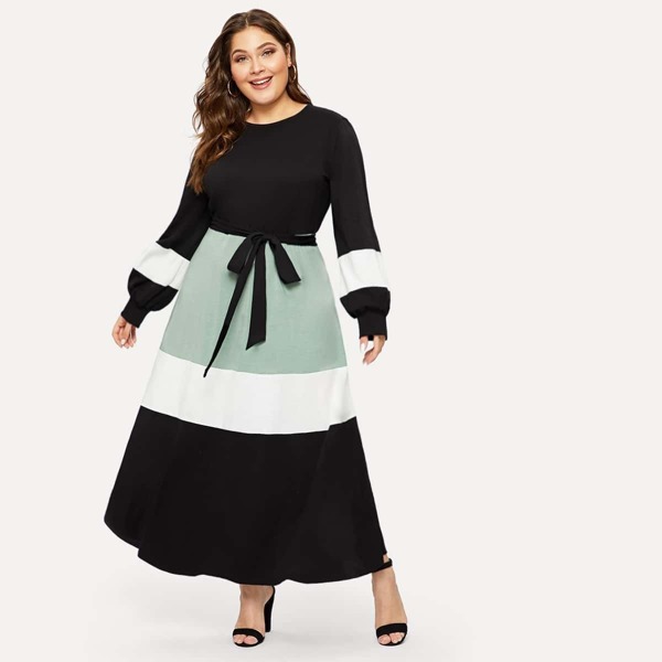 

Plus Cut-and-sew Self Belted Balloon Sleeve Dress, Multicolor