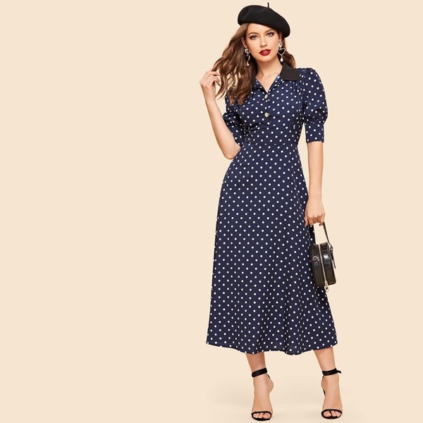 

50s Polka Dot Print Half Placket Dress, Navy