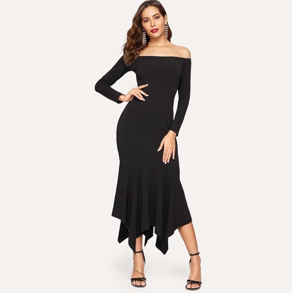 

Zip Back Off Shoulder Asymmetrical Hem Dress