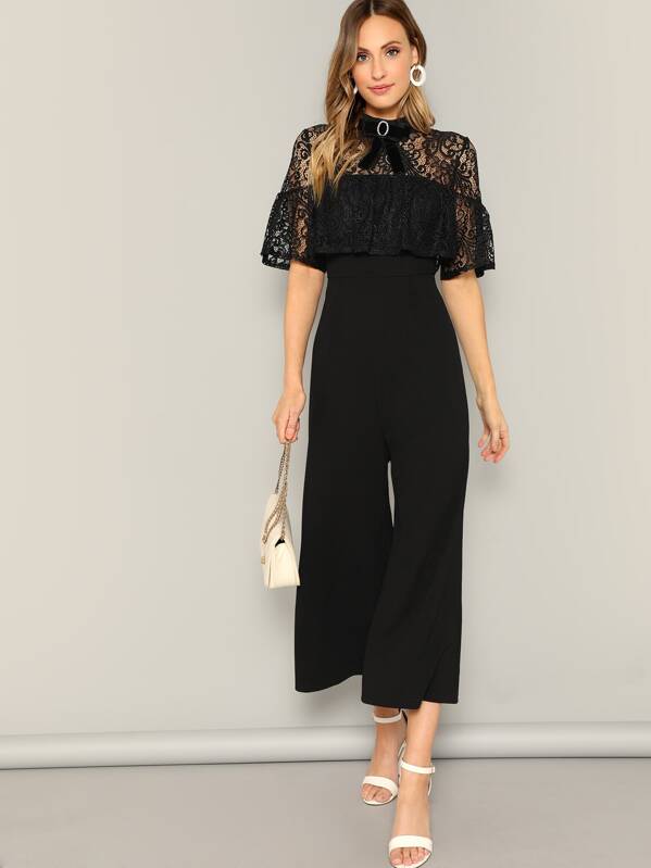 

Bow Detail Lace Insert Palazzo Jumpsuit, Black, Katie Fitzsimmons