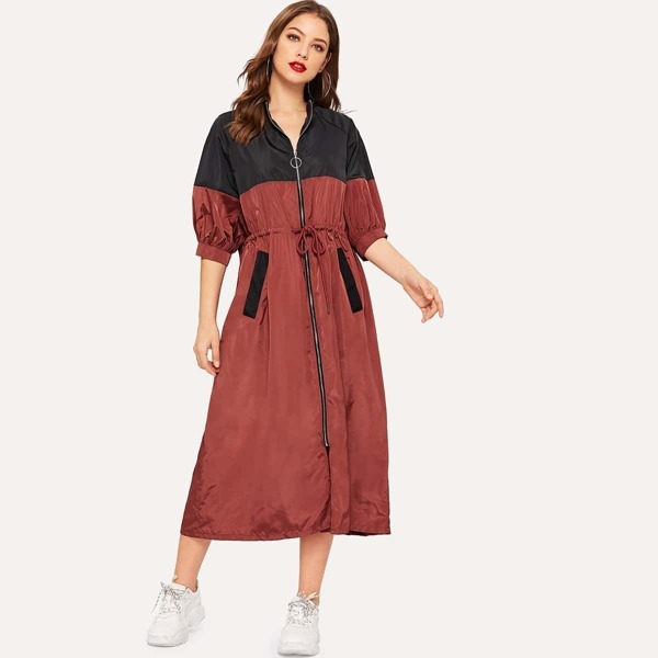

Two Tone Bishop Sleeve Drawstring Waist Coat, Red