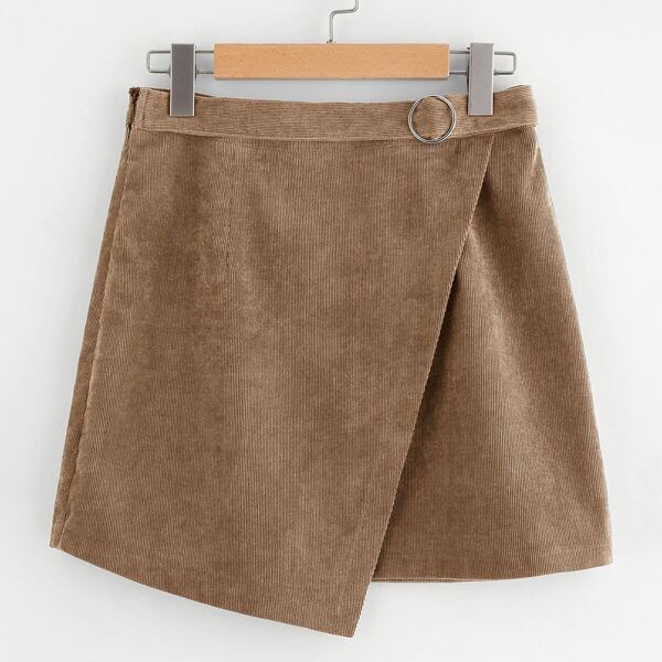 

O-ring Belted Overlap Corduroy Skirt