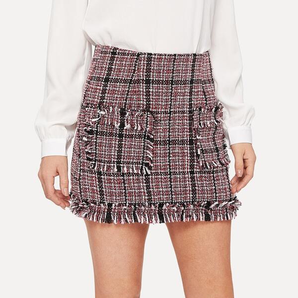 

O-ring Zip Back Raw Hem Pocket Patched Tweed Skirt