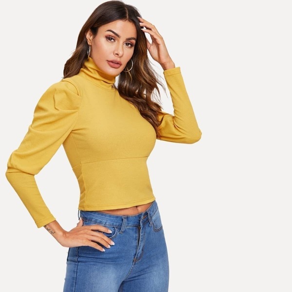 

Turtleneck Gigot Sleeve Ribbed Tee