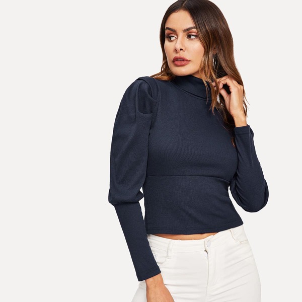

Mock-neck Leg-of-mutton Sleeve Stretch Tee