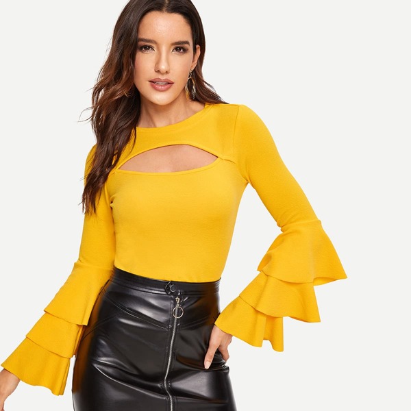 

Cut Front Layered Sleeve Solid Tee