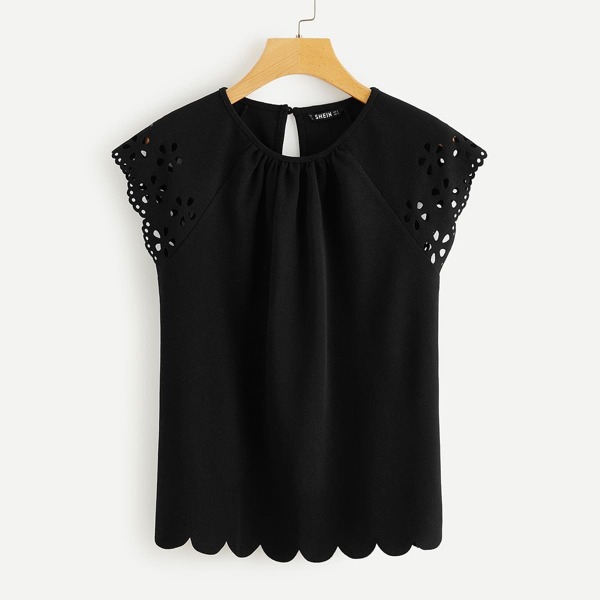 

Keyhole Back Laser Cut Raglan Sleeve Tee, Black