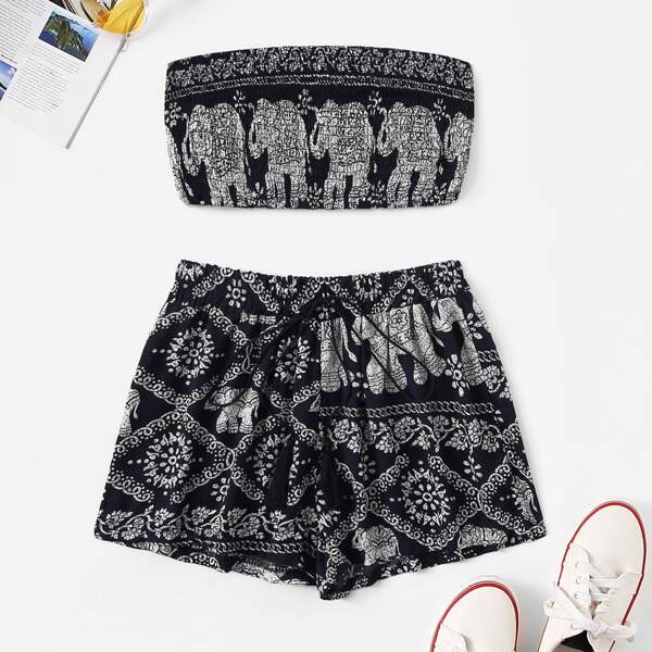 

Elephant Print Tube Top With Drawstring Waist Shorts