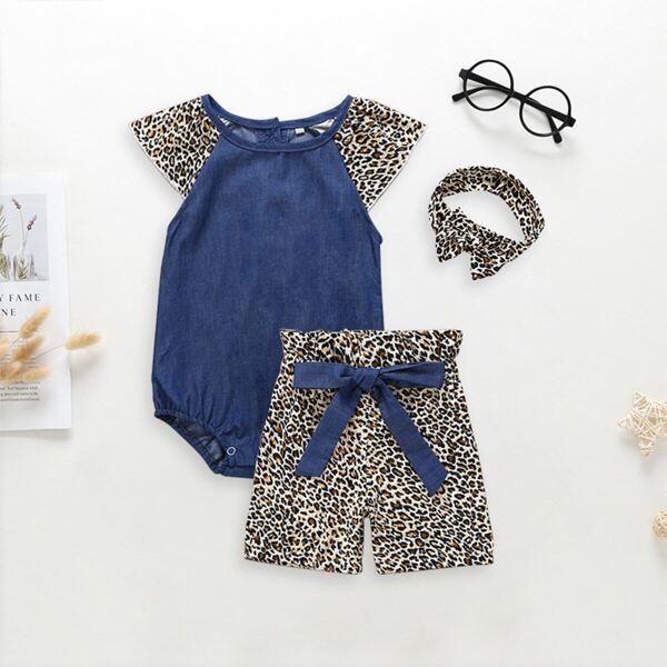 

Toddler Girls Buttoned Back Denim Jumpsuit & Leopard Shorts & Headband, Multicolor