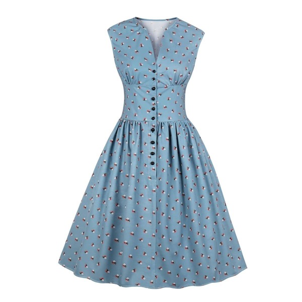

50s Button Front Floral Print Dress, Dusty blue