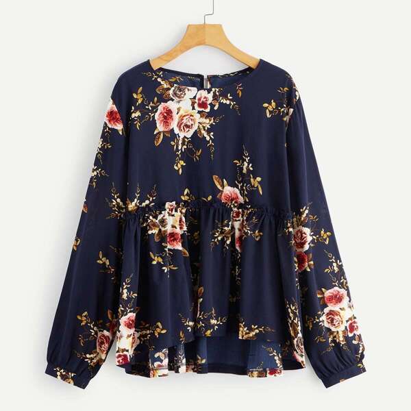 

Plus Floral Print Ruffle Hem Blouse