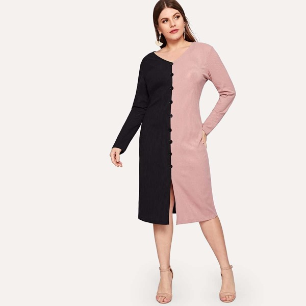 

Plus Two Tone Button Detail Knit Dress