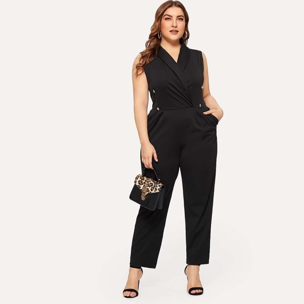 

Plus Solid Button Decoration Blazer Jumpsuit