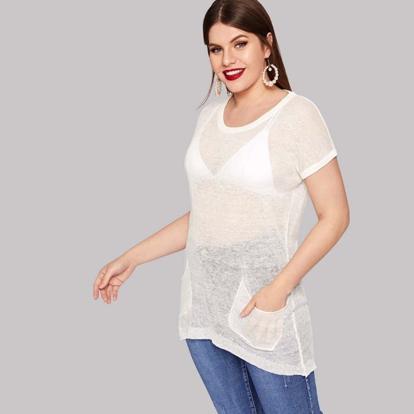 

Plus Solid Pocket Front Sheer Sweater