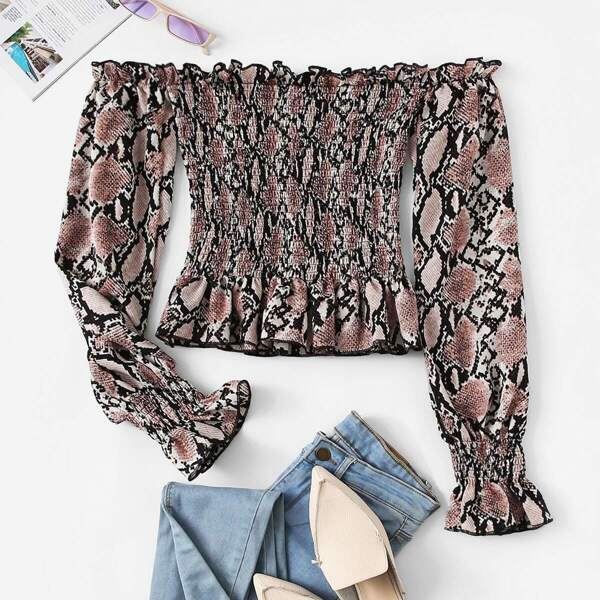 

Frill Bardot Snakeskin Shirred Top
