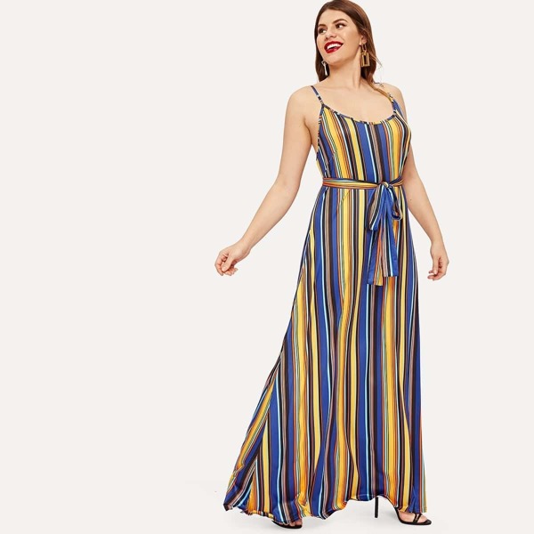 

Plus Colorful Striped Belted Cami Dress
