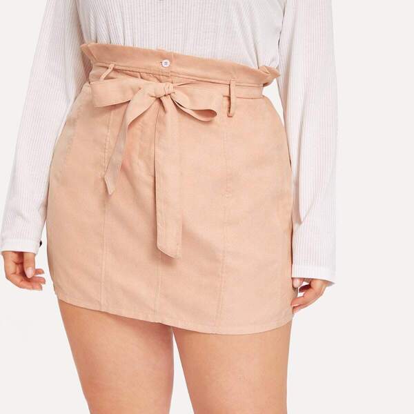 

Plus Button Waist Belted Paperbag Skirt