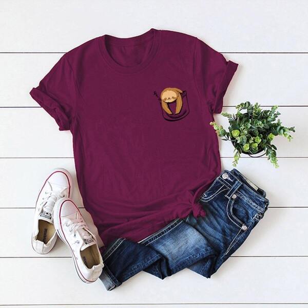 

Cartoon Print Knot Hem Tee, Burgundy