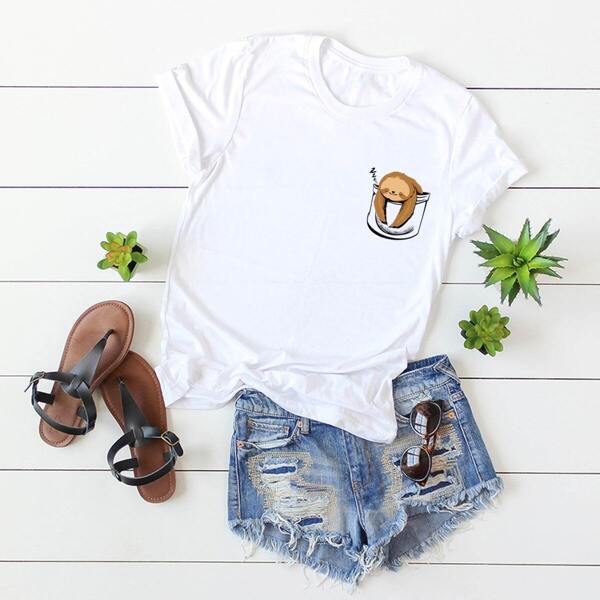 

Cartoon Graphic Roll Cuff Tee, White
