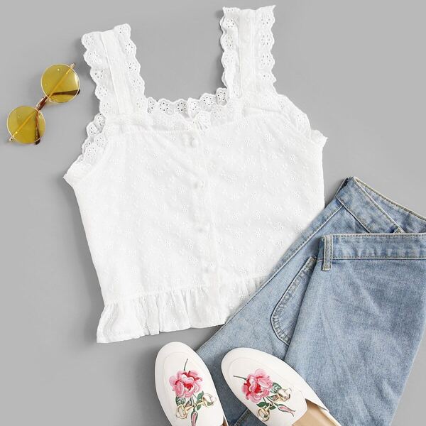 

Embroidered Ruffle Hem Button Front Cami Top