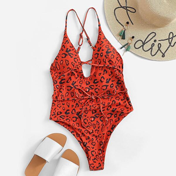 

Leopard Criss Cross Backless One Piece Swimwear
