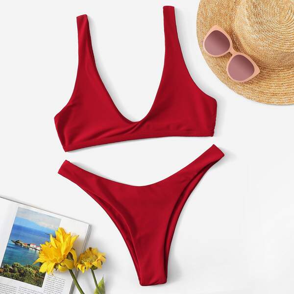 

Plunging Top With High Cut Bikini Set, Burgundy