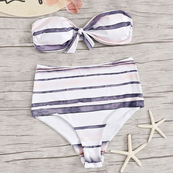 

Striped Knot Front Bandeau With High Waist Bikini Set