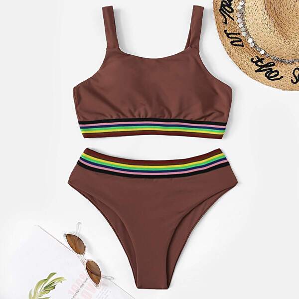 

Square Neck Striped Hem Bikini Set