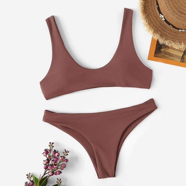 

Scoop Neck Top With Low Rise Bikini Set, Red