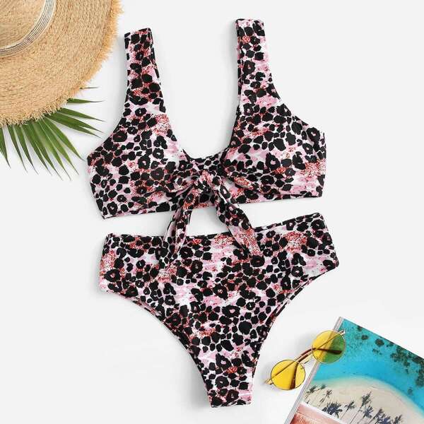 

Leopard Knot Front Top With High Waist Bikini