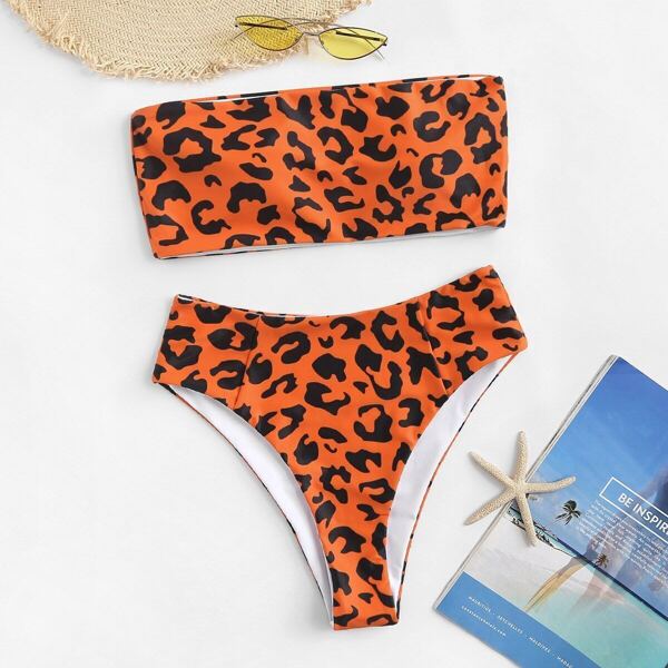 

Leopard Bandeau With High Waist Bikini Set