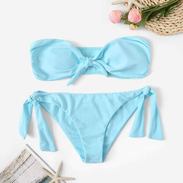 

Knot Front Bandeau With Tie Side Bikini Set