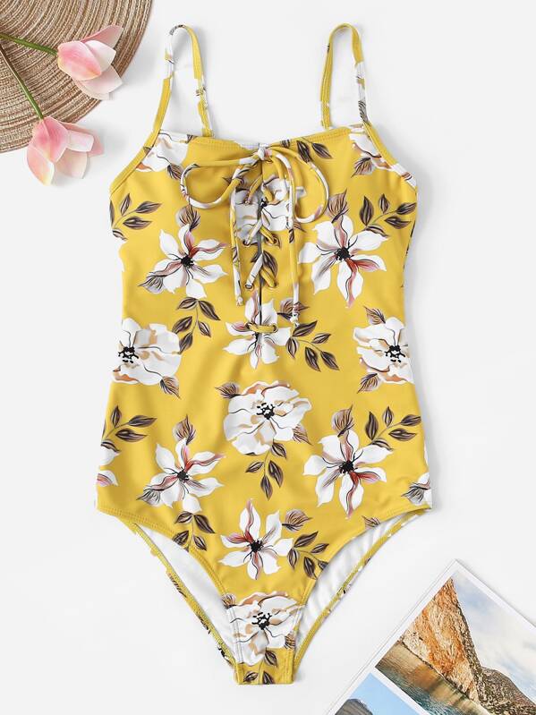 

Random Floral Lace-up Front One Piece Swimsuit, Multicolor