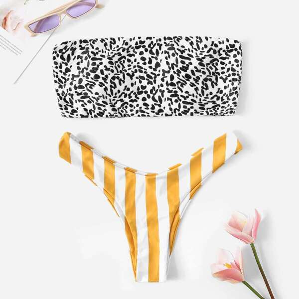 

Dot Bandeau With Striped High Cut Bikini Set
