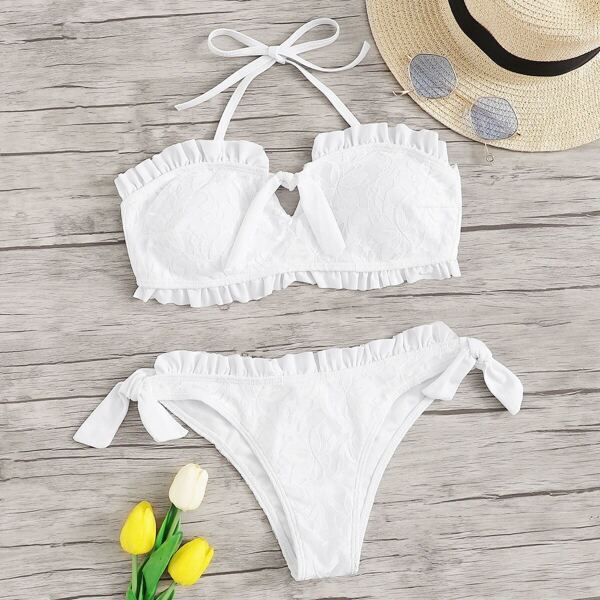 

Frill Trim Halter Top With Tie Side Bikini Set, White