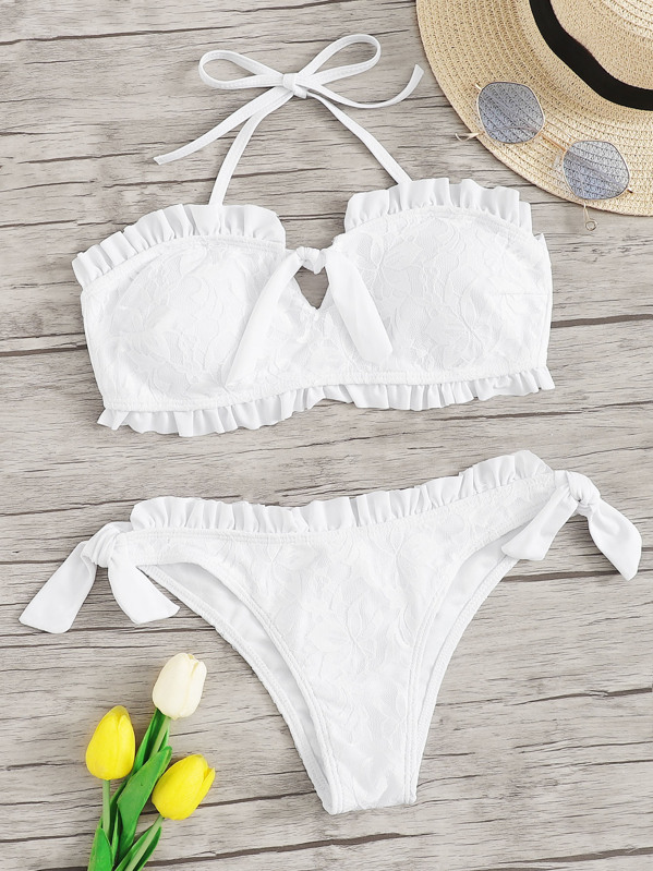 

Frill Trim Halter Top With Tie Side Bikini Set, White