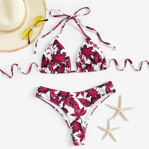 

Random Leaf Halter Top With Cheeky Bikini Set