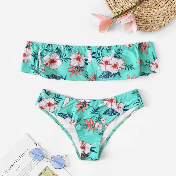 

Random Floral Bardot Top With Low Rise Bikini Set